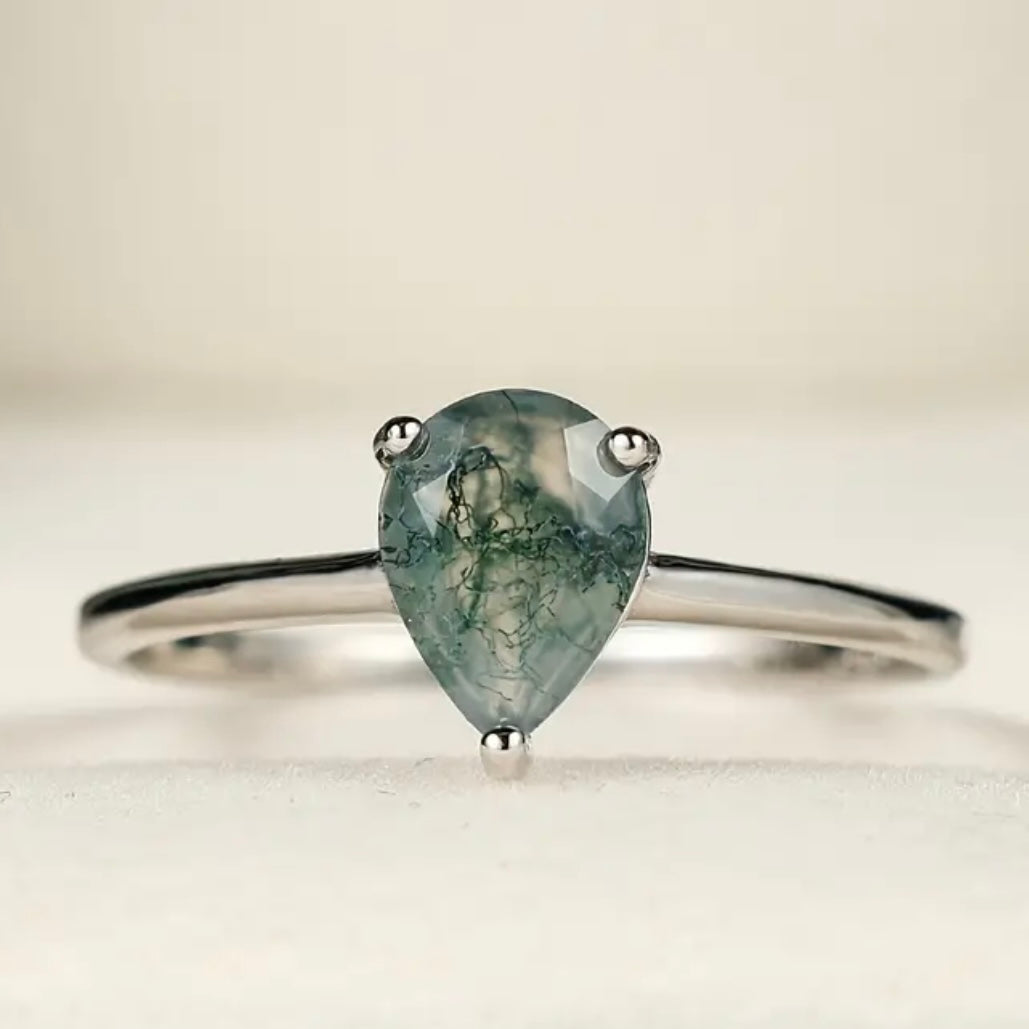 Moss Agate Teardrop Ring